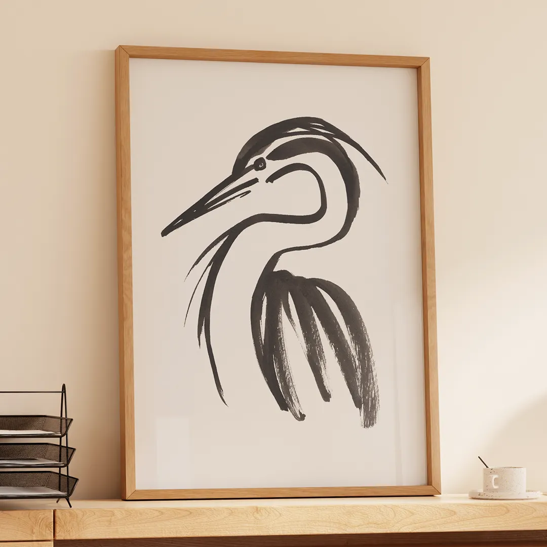 Ink painting of a heron